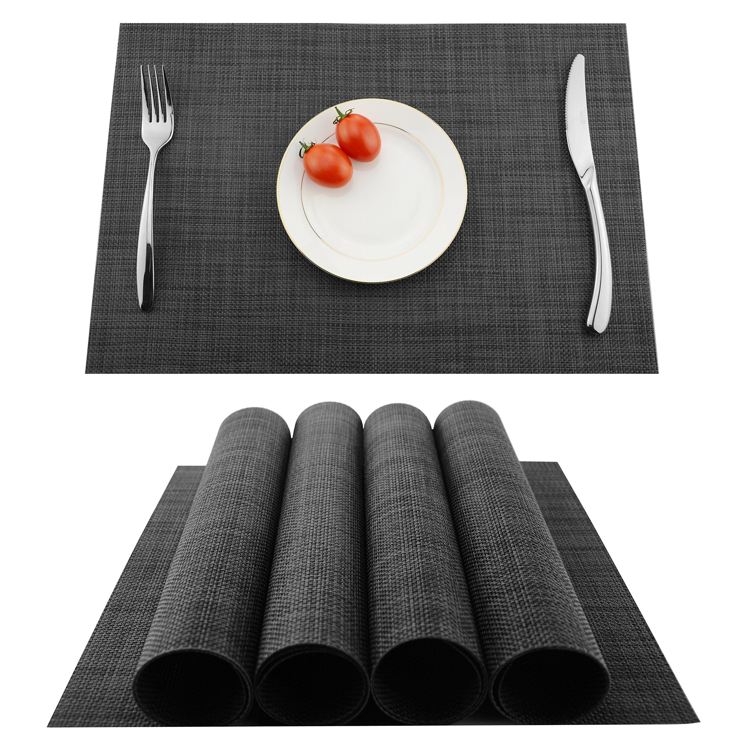 KOKAKO Placemats, Set of 4 - Non Slip, Wipe Clean, Heat Resistant, Stain-resistant, Kitchen Dinner Table Place Mats (Dark Gray, 18"X12")