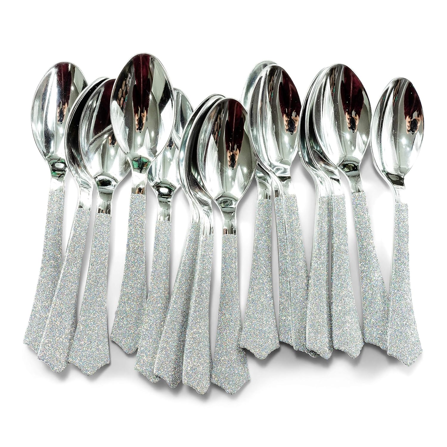15pc+ Silver Plastic Glittered Holographic Disposable Spoon