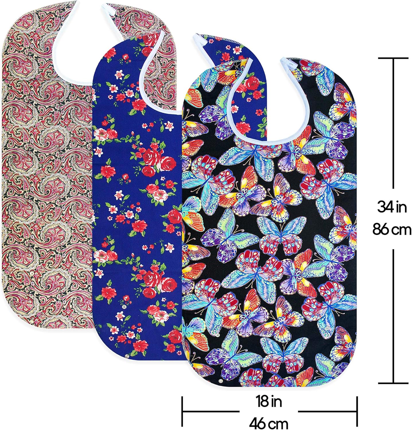 RMS 3 Pack Adult Bib Washable Reusable Waterproof Clothing Protector with Optional Crumb Catcher and Vinyl Backing 34"X18" (Butterfly/Blue Rose/Heritage): Health & Personal Care
