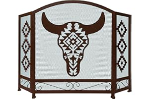 BestGiftEver 3-Panel Fireplace Screen Decorative with Southwest Tribal Bull Skull Design - Stand Alone Fireplace Cover Metal Mesh Screen - Home Decorative Firescreen Cabin Ranch Native American Style