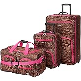 Rockland Vara Softside 3-Piece Upright Luggage Set, Pink Leopard, 3-Piece Set (20 inch/28 inch/22 inch duffel)