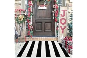KILOCOCO Black and White Striped Rug 2.3'x3.6' Indoor Outdoor Rugs Front Door Mat Hand Woven Cotton Washable Striped Layered Doormats for Front Porch/Kitchen/Farmhouse/Entryway/Patio