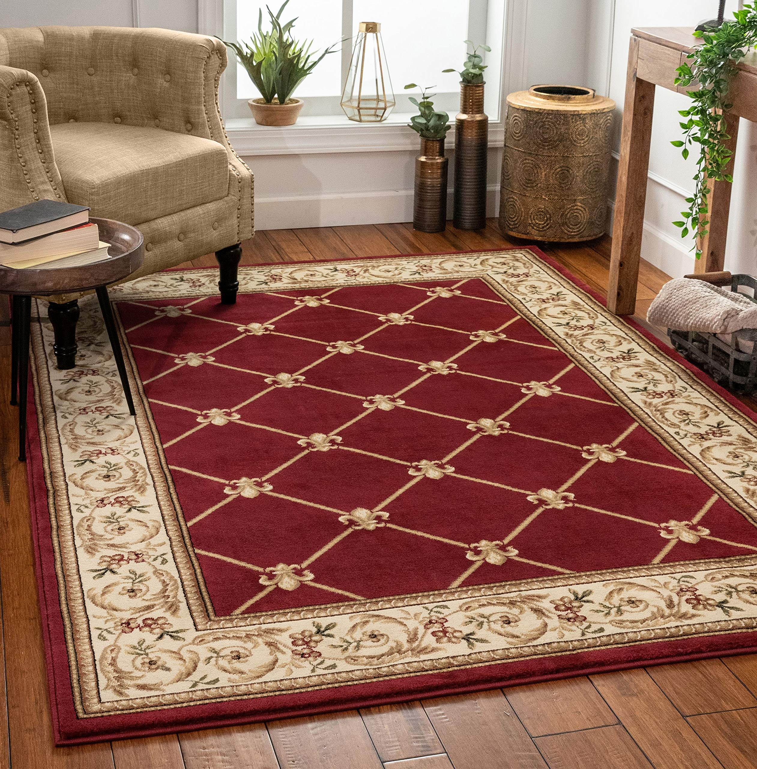 Timeless Fleur De Lis Red Formal Area Rug 3'11" X 5'3"Stain and fade