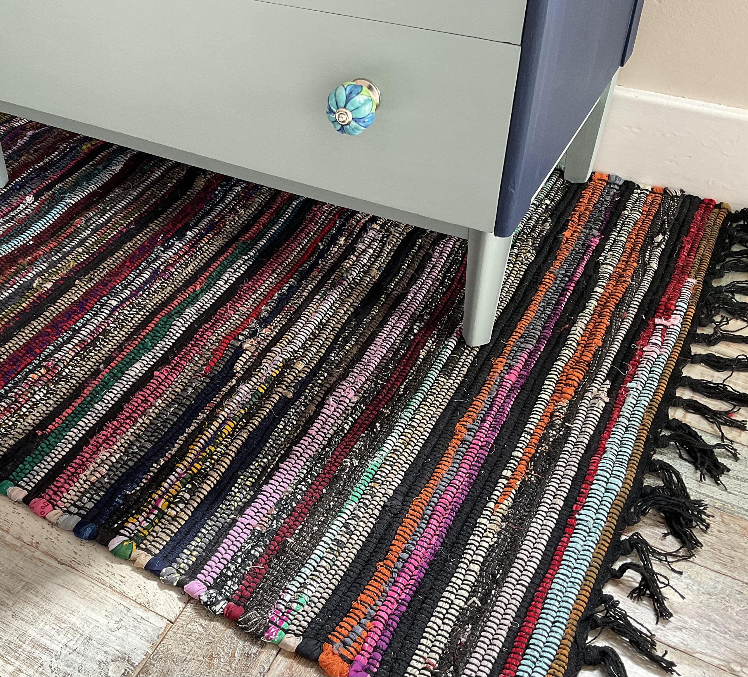 Second Nature Online Black Multi Colour Festival Rag Rug Small Hand Made Reversible Mat GoodWeave Certified 60 cm x 90 cm