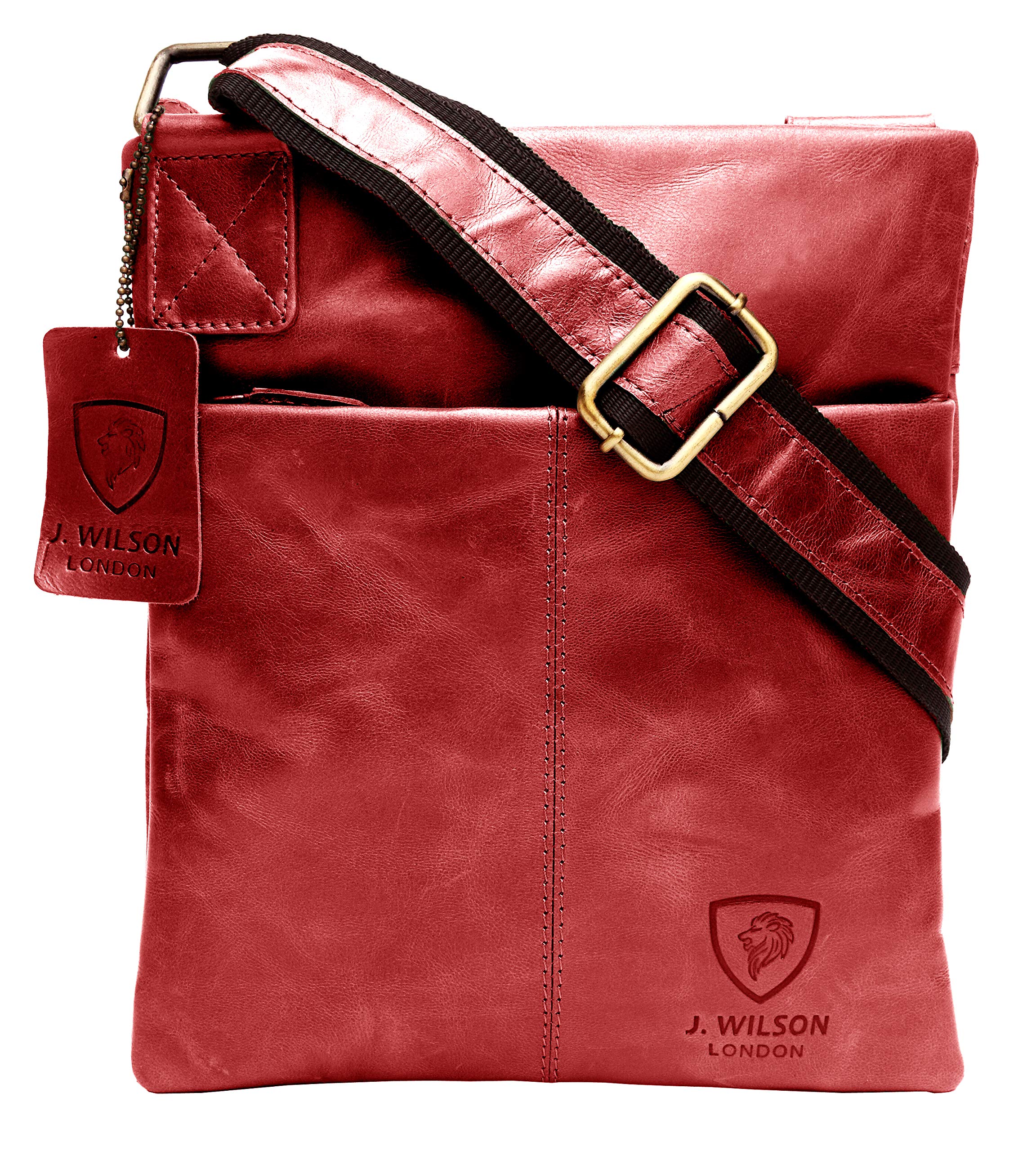 J. Wilson London 100% Pure Genuine Real Vintage Crunch Leather Handmade Mens Leather Everyday Crossover Shoulder Work iPad Messenger Bag (Distressed Red)