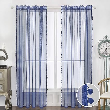 Silver Gray Semi Sheer Solid Tier Panels Valance With Vertical Pom