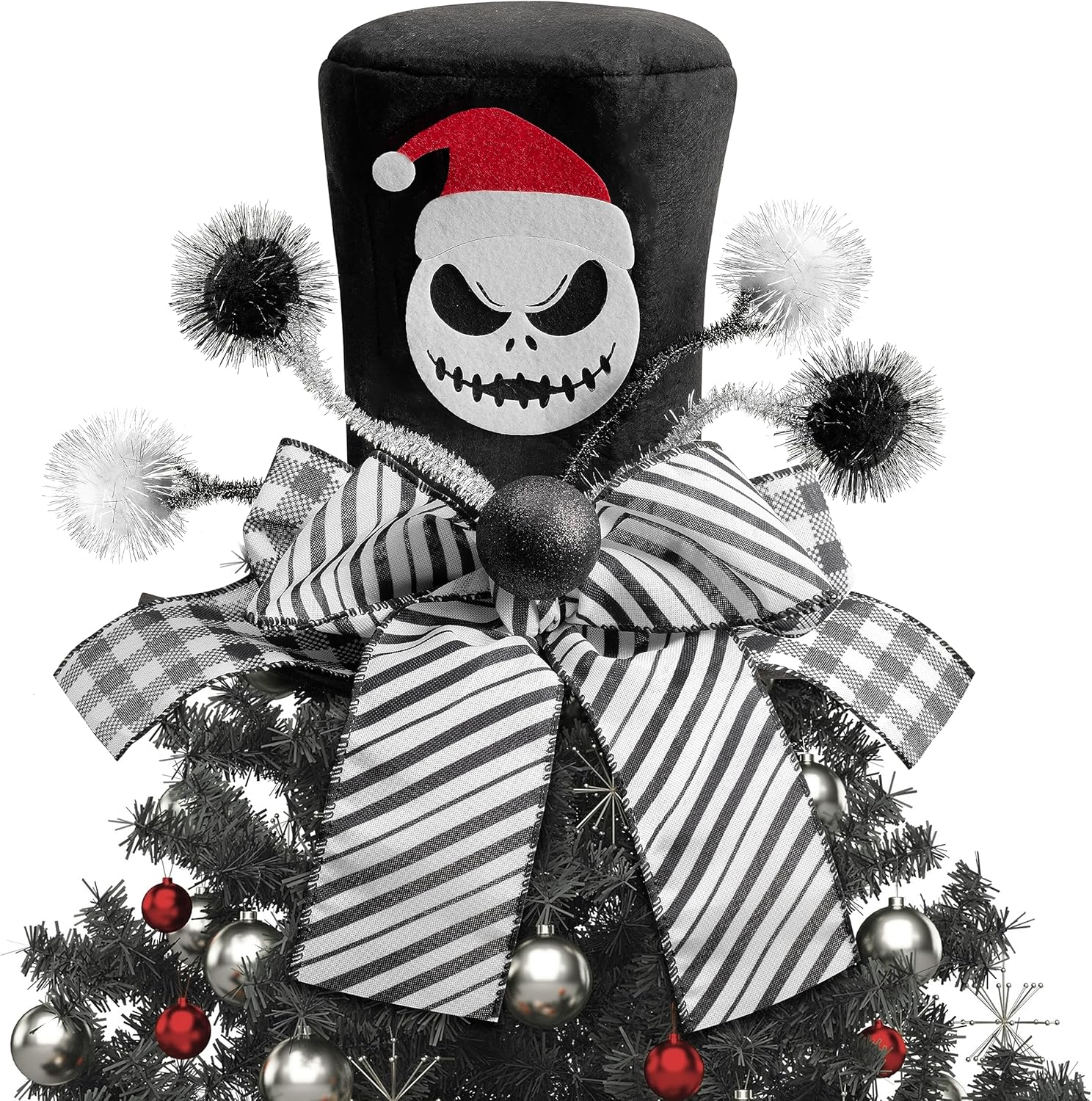 Tree Toppers - Cynosener Nightmare Christmas Tree Topper Hat Nightmare Jack Skellington Hat Christmas Tree Top Decoration Halloween Christmas Tree Topper Large Black Hat with Black and White Bow Velvet Strip Pom