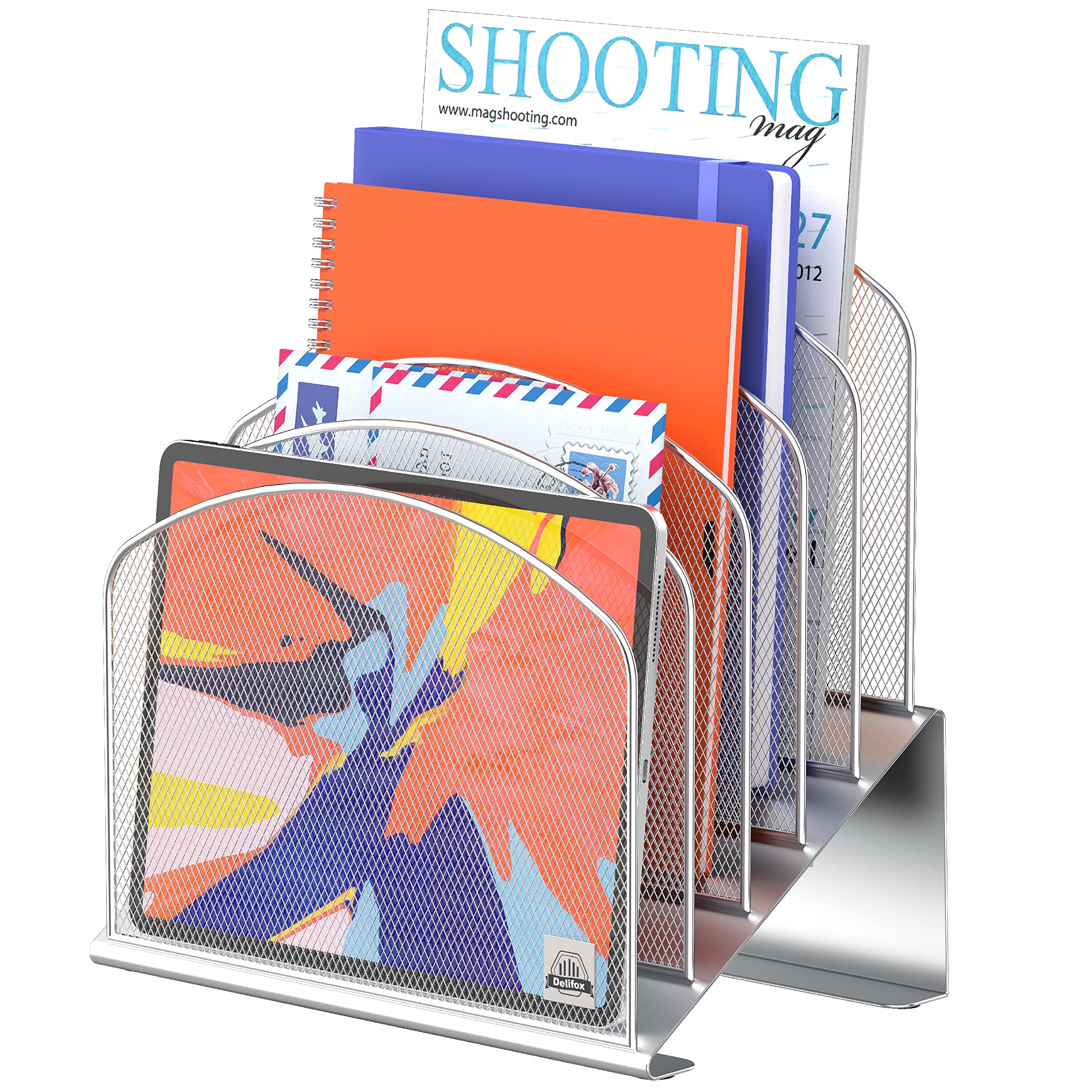 Photo 1 of Delifox Inclined Desk File Organizer, 5-Section Vertical File Folder Holder Stand Metal Rack File Sorter for Office Classroom Desktop Organization (Silver, 1Pack)