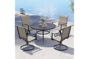 Grand patio Patio Dining Set for 4, Outdoor Dining Set with 4-Piece Mesh Sling Swivel Rocking Patio Chairs, 1-Piece 42" Round Woodgrain Dining Table with 1.5'' Umbrella Hole, Mixed Coffee