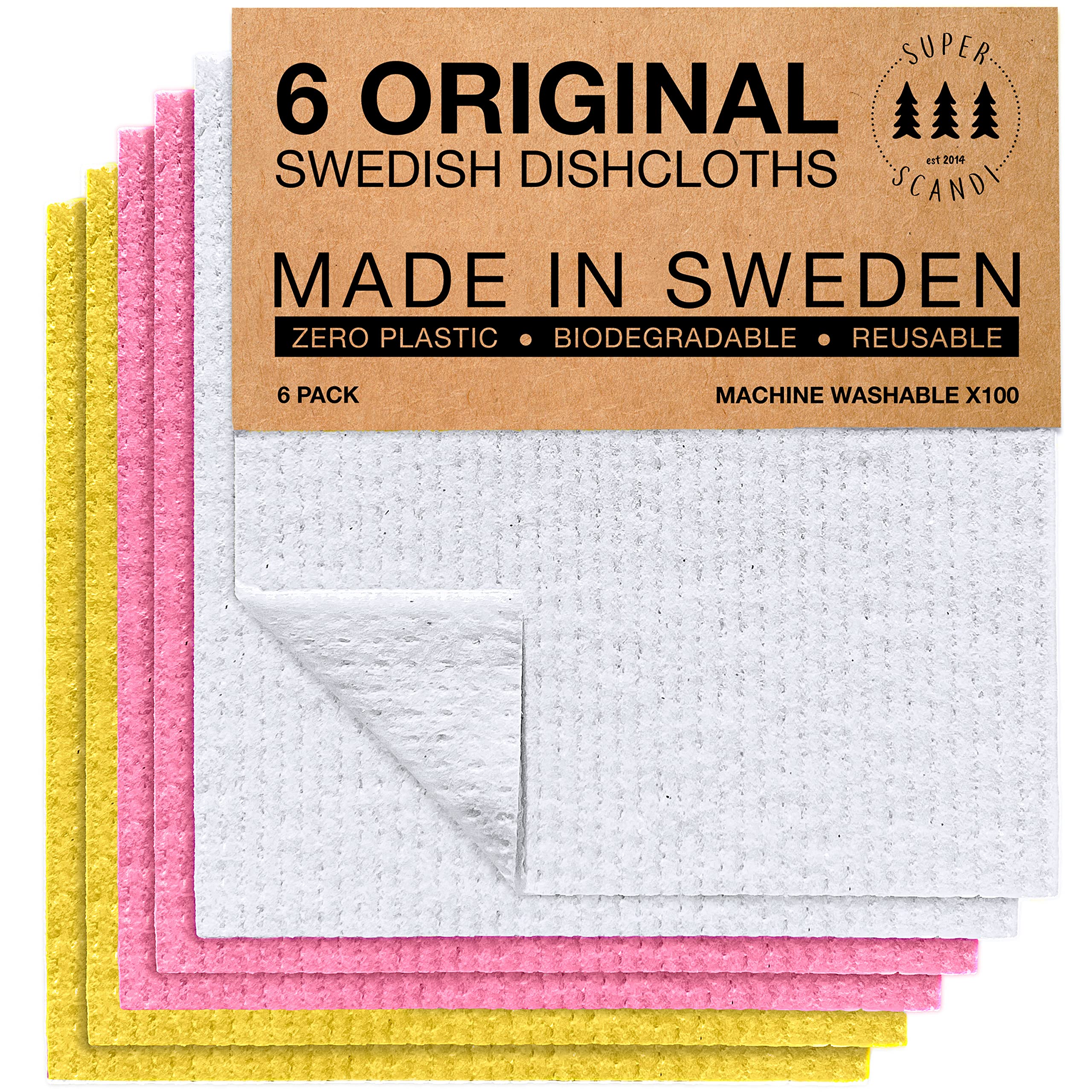 SUPERSCANDI 6 Pack Reusable Cleaning Cloths - 100% Biodegradable & Compostable Washable Swedish Dishcloth - Food-Safe & Plastic-Free Kitchen Cloth Suitable for Any Surface, Pink Yellow White