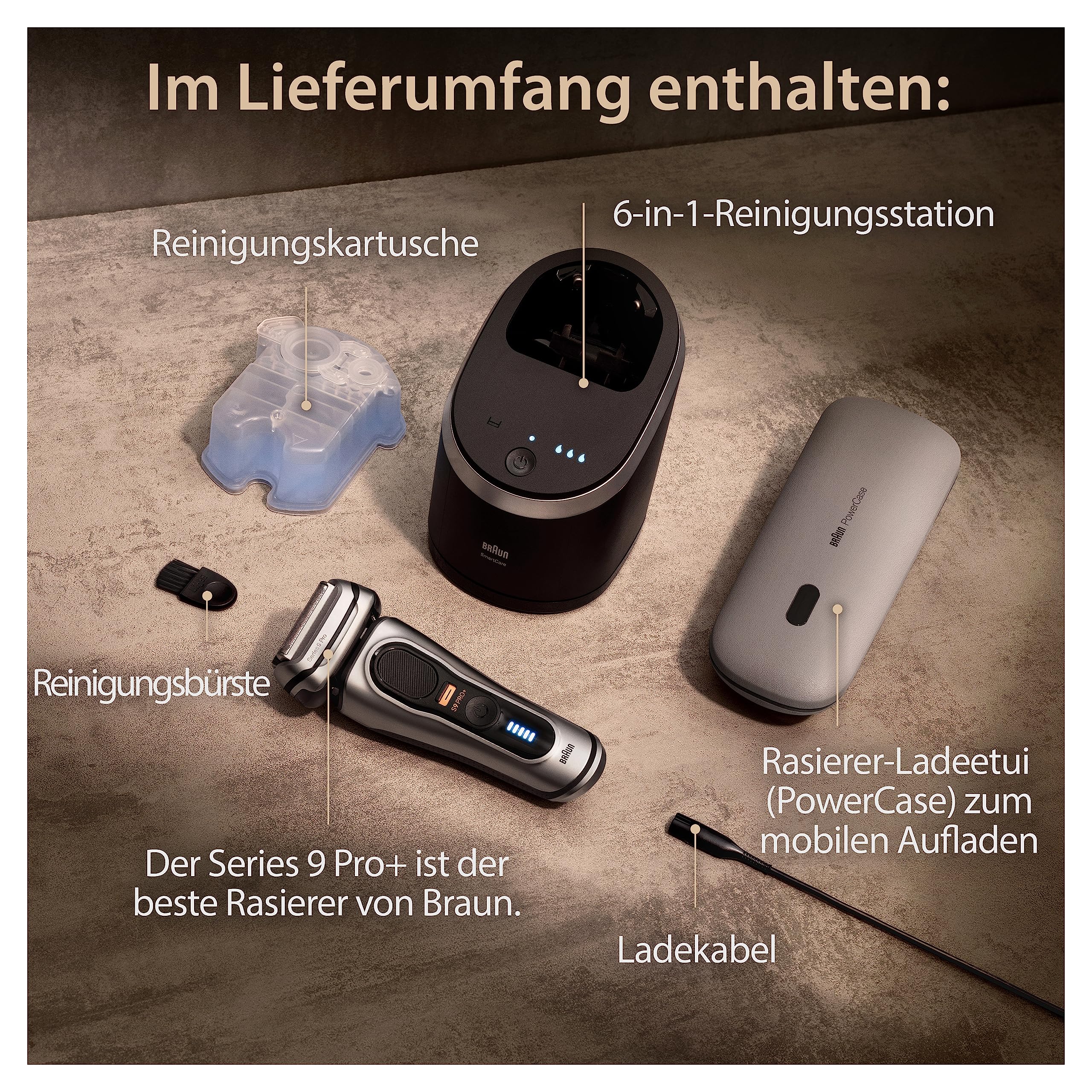 Braun Series 9 Pro+ Rasierer Herren, Elektrorasierer mit 5 Pro Rasierelementen, Langhaarschneider & Reinigungsstation, Rasierer-Ladeetui PowerCase, 60 Min Laufzeit, Made in Germany, 9577cc, Silber 6