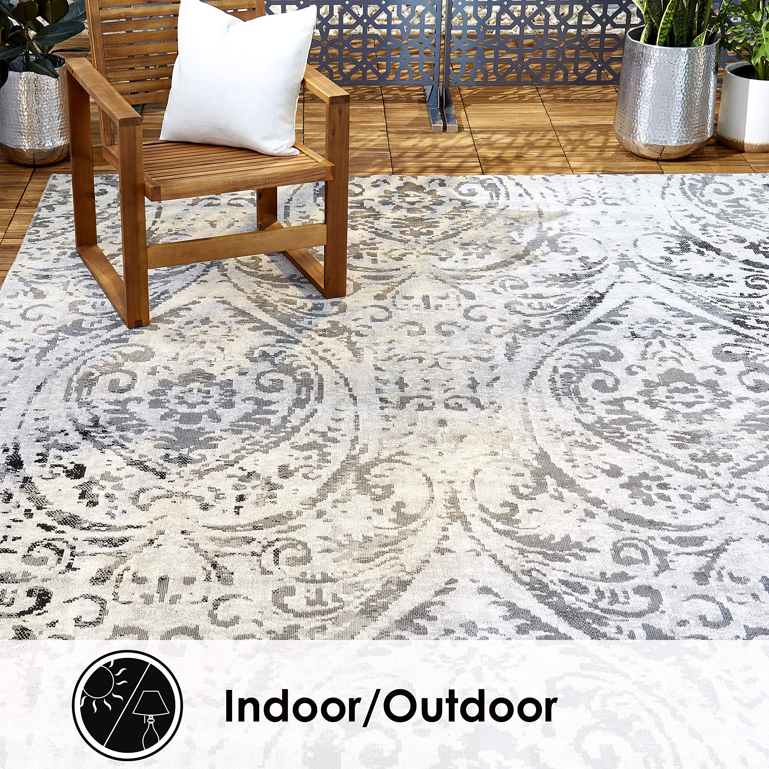 Home Dynamix Nicole Miller Patio Sofia Juniper Indoor/Outdoor Area Rug 7'9"x10'2", Distressed Damask Ivory/Gray