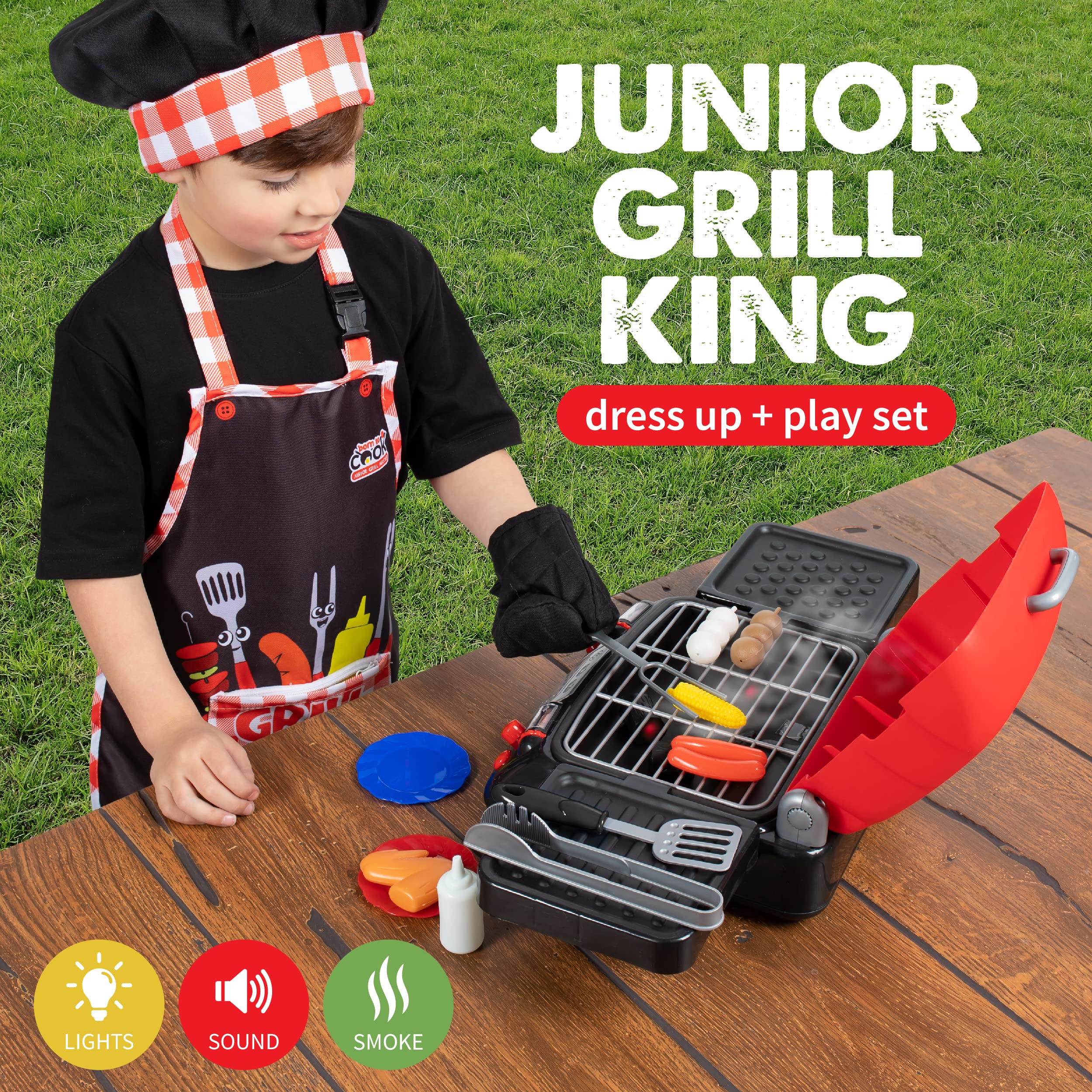 Born Toys Kids Grill Playset, Pretend Play BBQ Toys Kitchen and Baking Set, Interactive Chef Dress Up