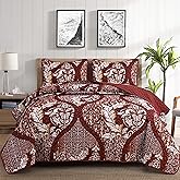 DJY Burgundy Quilt Set Queen Size, Boho Red Gold Damask Bedspread Coverlet Set Soft Lightweight Microfiber Luxury Bedding Set 3 Pieces for All Season (96"x90")