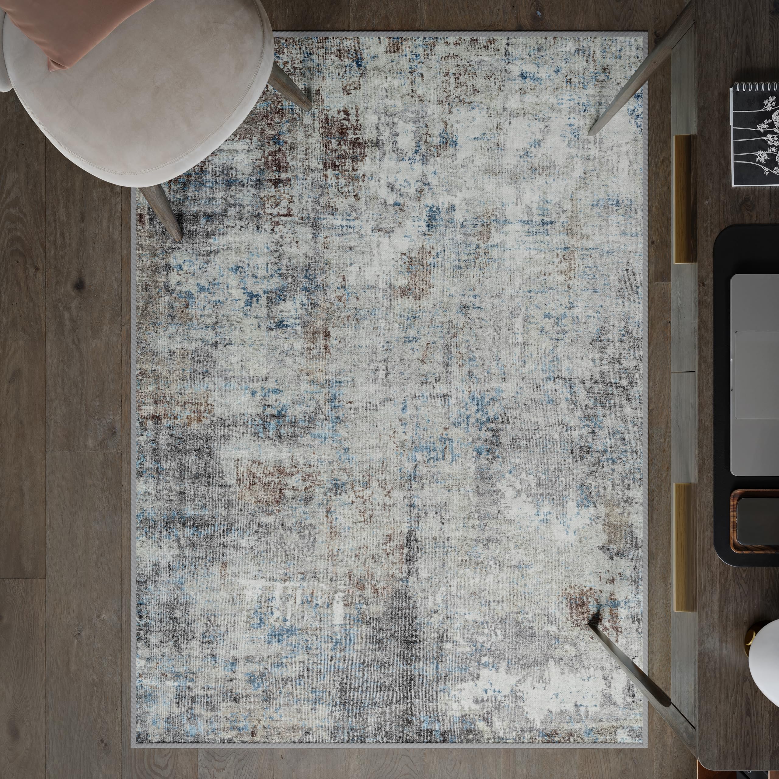 artyrugs Machine Washable Rug, 122x170cm, 75% Recycled Cotton, Short Pile, Non-Slip Backing, Non-Shedding, Suitable for Living Room, Bedroom, Kitchen, Hallway, Office, Atlantis Blue & Brown