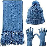 Winter Hat Gloves Scarf Set for Women, Beanie Warm Knit Pom Hat Touch Screen Glove Long Scarf 3pcs Winter Gift Set for Women