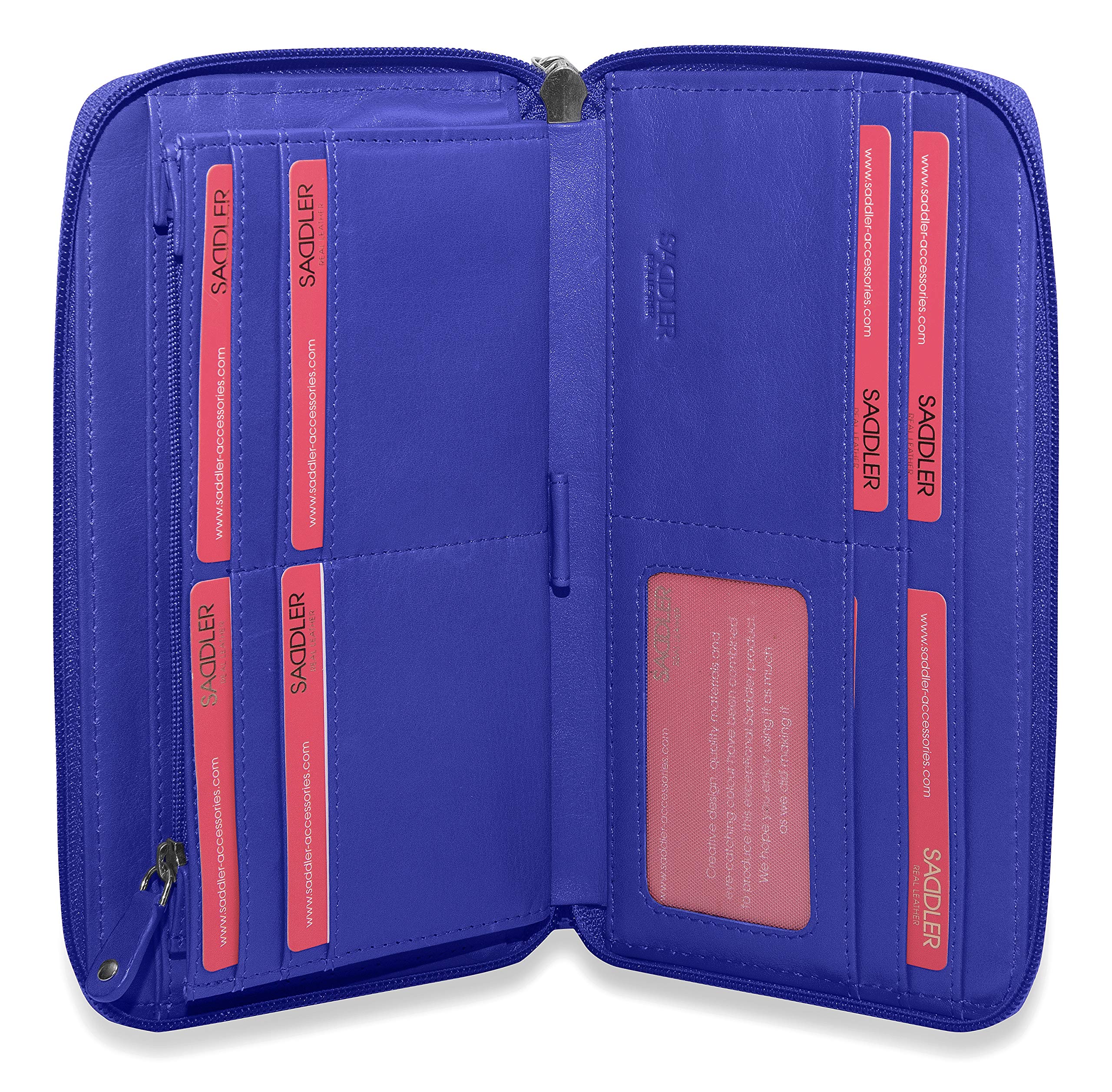 SADDLER Sophia Purse – RFID Protected Real Leather Large Zip-Around Wallet with 15 Card Slots, ID Window, Wrist Strap & Multi-Section Interior – Fits Most Phones – Gift-Boxed