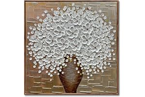 Epicler art Hand-painted 3D 24x24 Inch White Flower Art Wood Frame Oil on Canvas, special texture background white Flower Art Wall Decoration