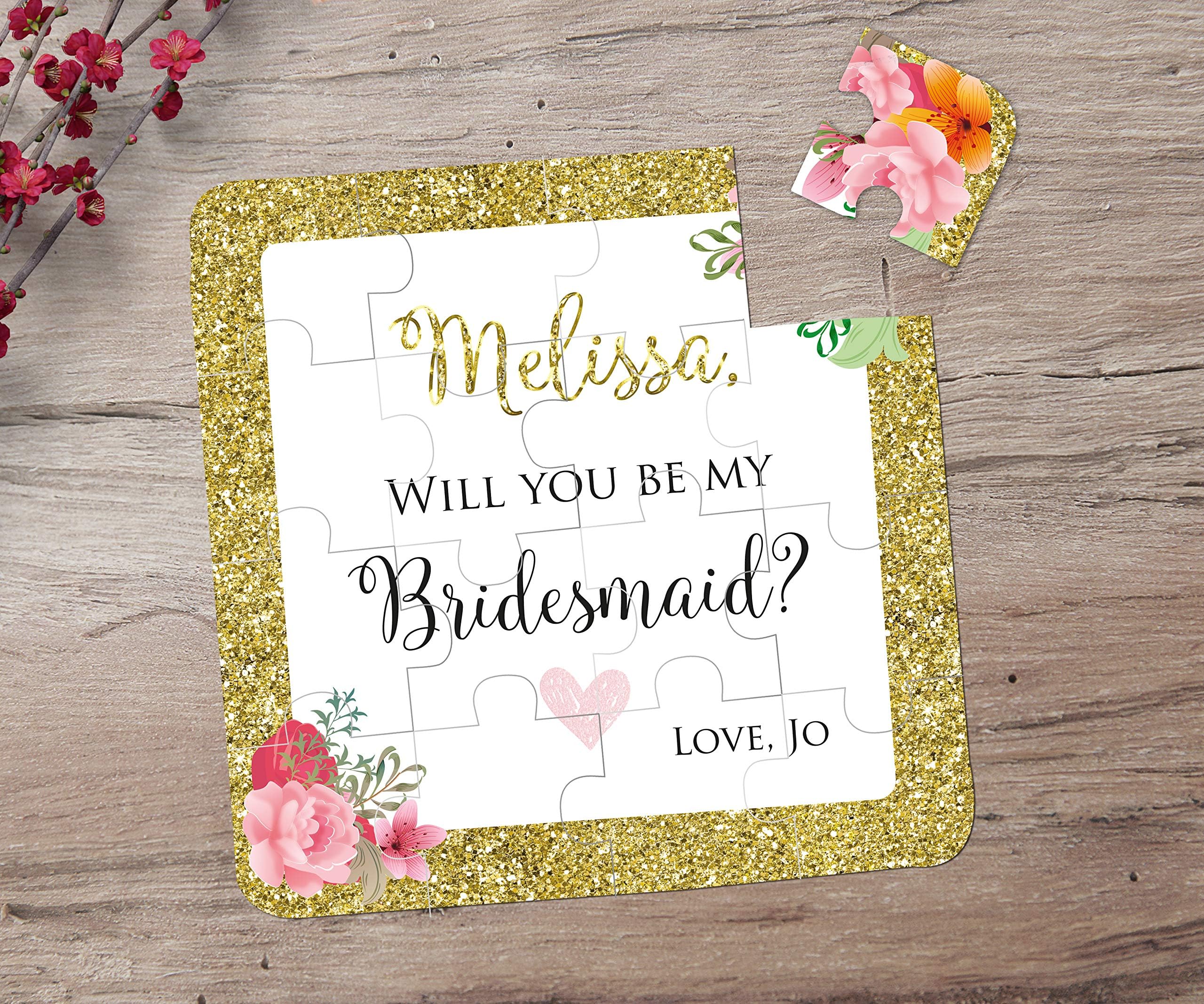 Bridesmaid Puzzle Invitation. Will You Be My Bridesmaid Puzzle. Custom Puzzle Invitation with Gold Glitter Borders.