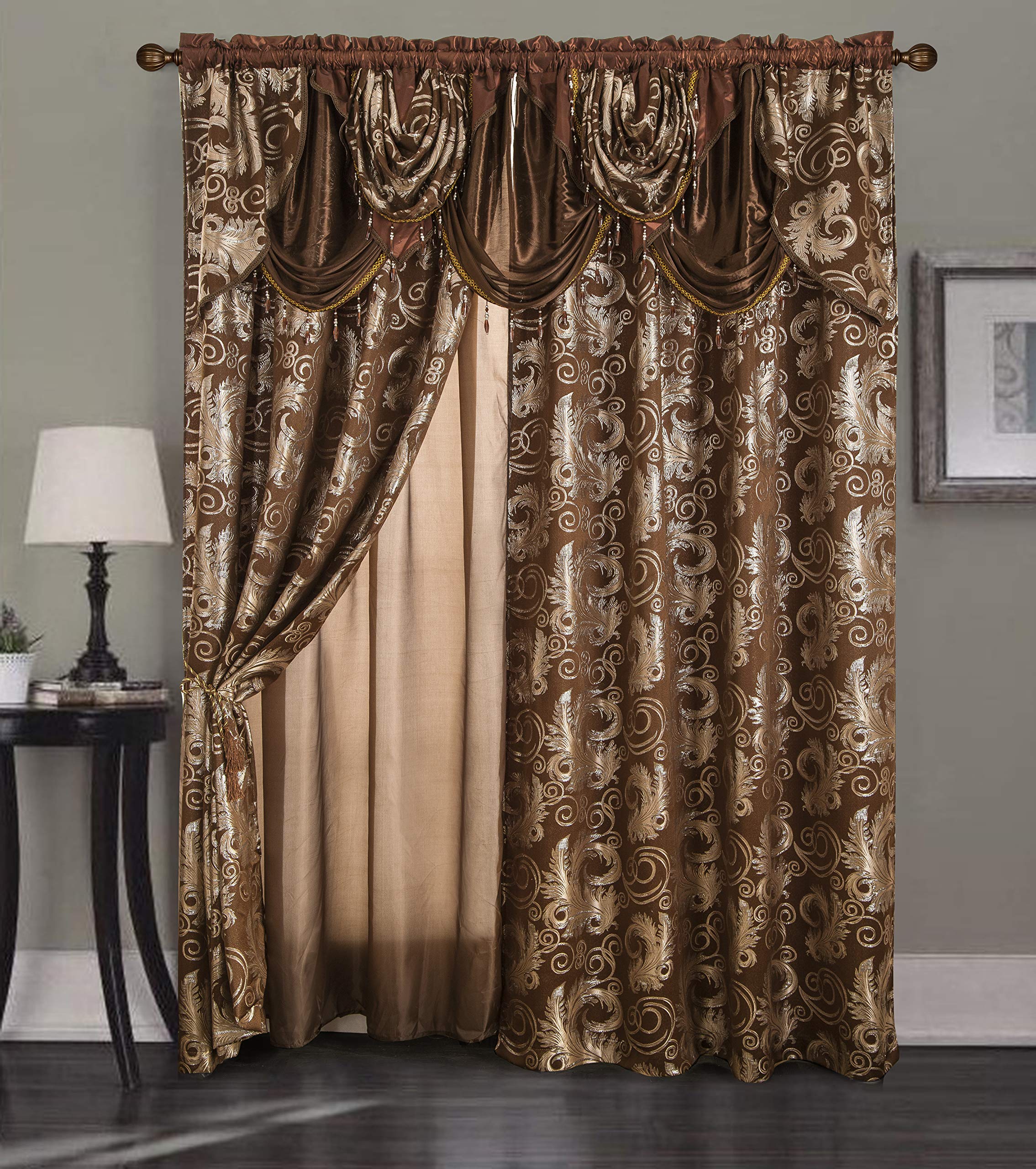 Golden Rugs Jacquard Luxury Curtain Window Panel Set with Attached Valance and Backing Bedroom Living Room Dining 110inX84in Each Jana Collection (Brown)