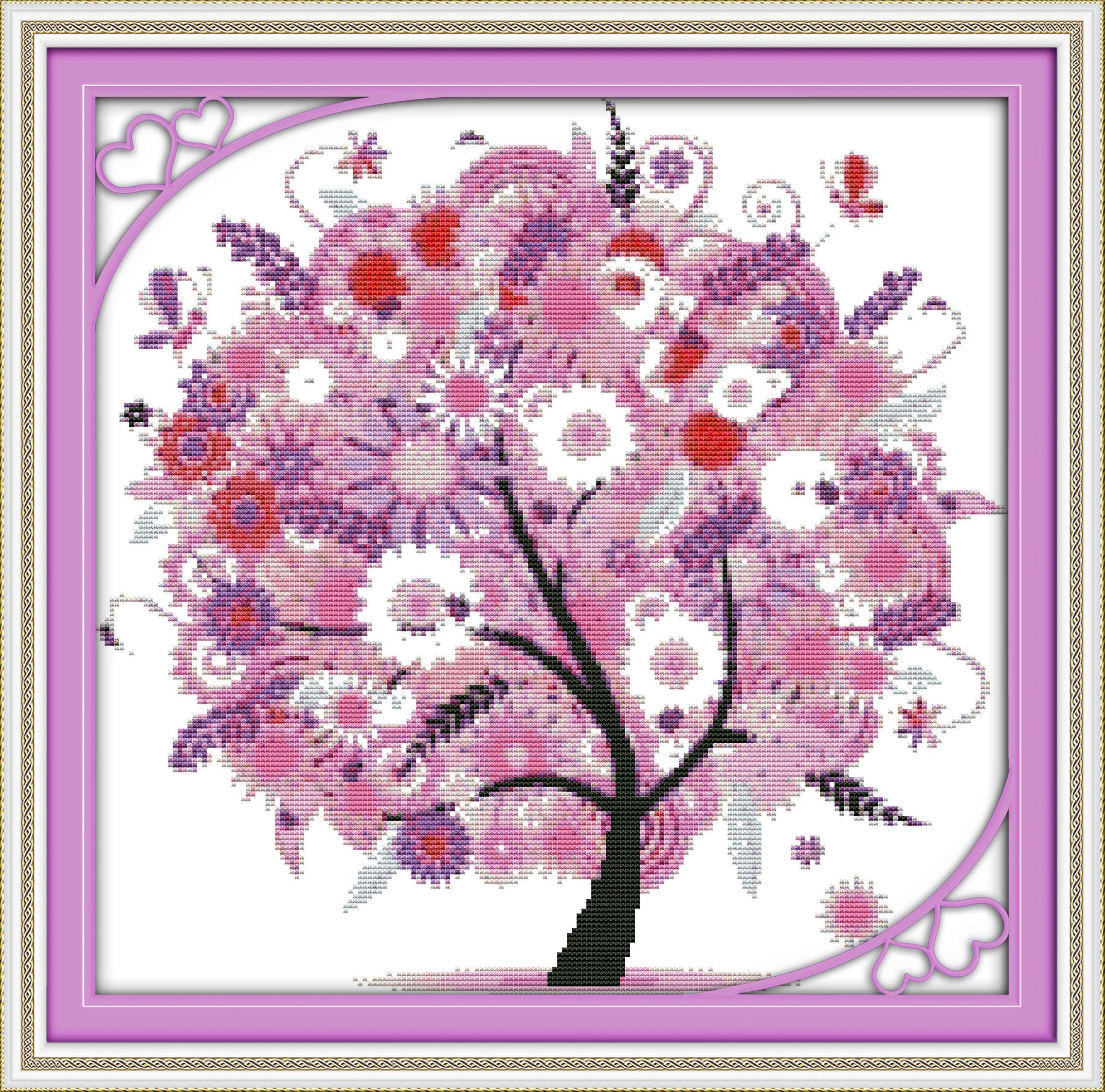 OWN4B Cross Stitch Kits Stamped, Happy Tree (3) Printed Pattern 11CT 21.3x20.9 inch DIY Embroidery Kit