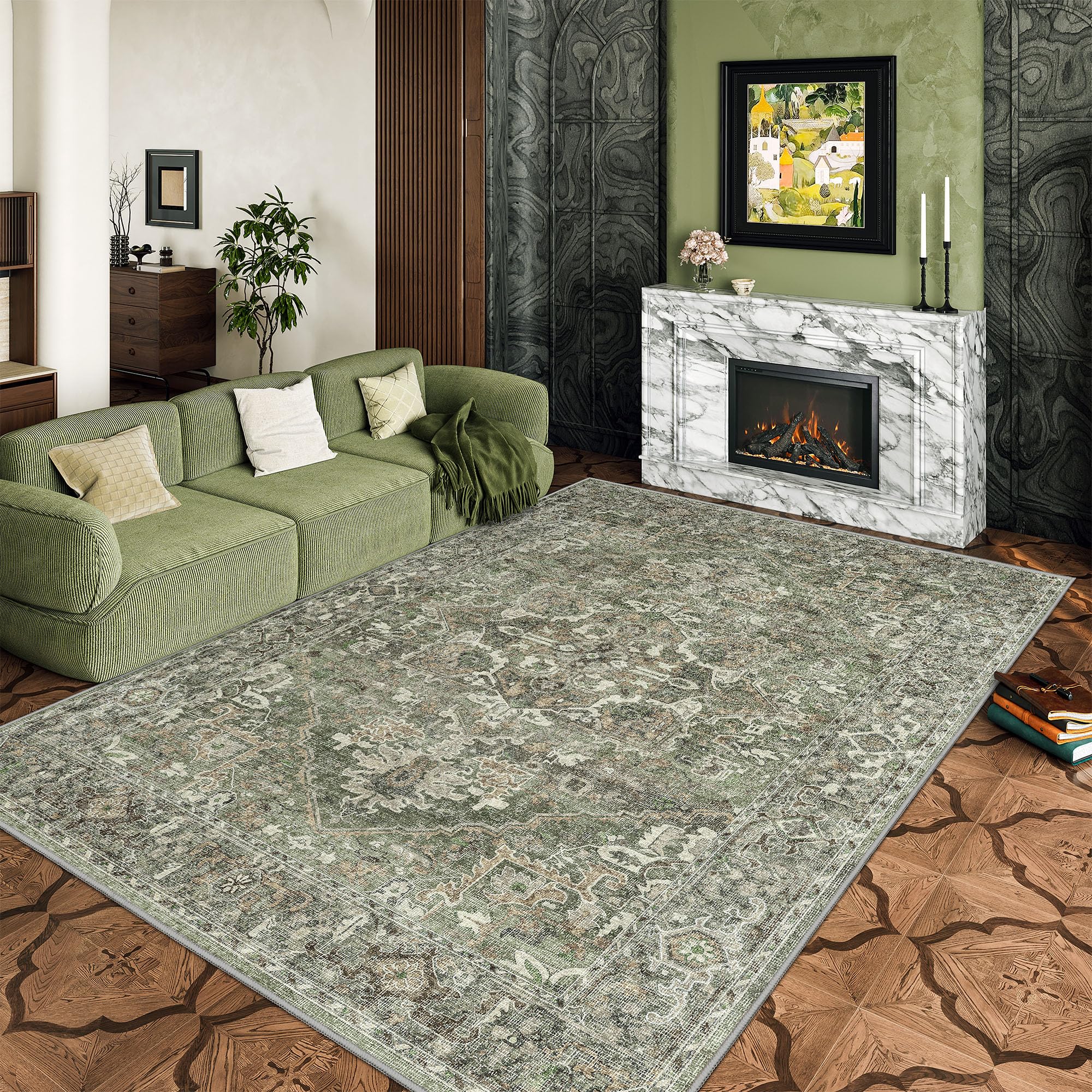 Photo 1 of Valenrug Washable Rug 6x9 - Ultra-Thin Antique Collection Area Rug, Stain Resistant Rugs for Living Room Bedroom, Distressed Vintage Rug(TPR37-Green, 6'x9')