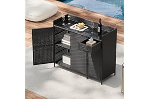 Merax 47.5" W Rattan Storage Cabinet with Tempered Glass Desktop, Outdoor Bar Table with 3 Doors, Adjustable Shelf, and 1 Dra
