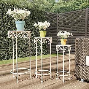 Pure Garden 50-LG1158 Stands – Set of 3 Indoor or Outdoor Nesting Wrought Iron Round Decorative Potted Plant Accent Display Accessories (Antique White)
