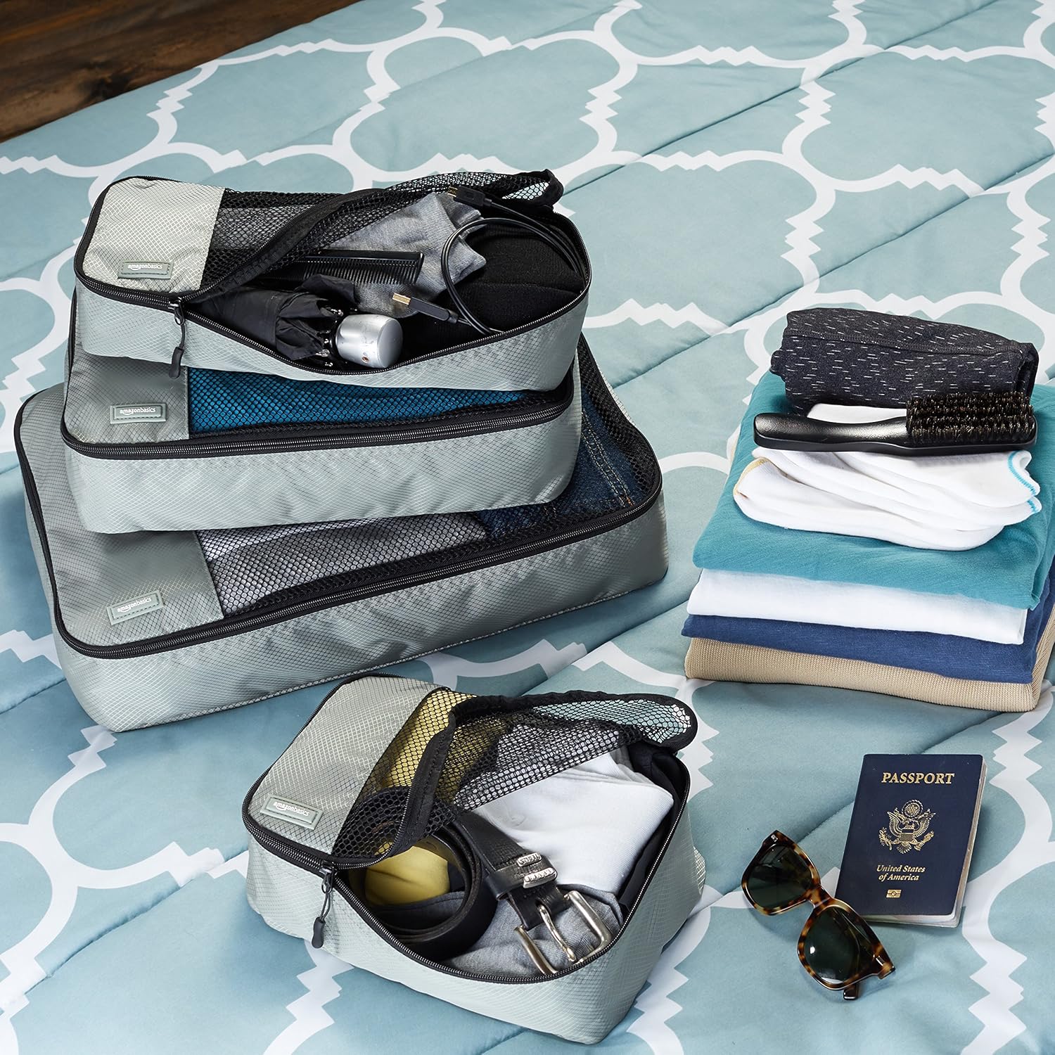  | Basics 4 Piece Packing Travel Organizer Cubes Set, Grey | Packing Organizers