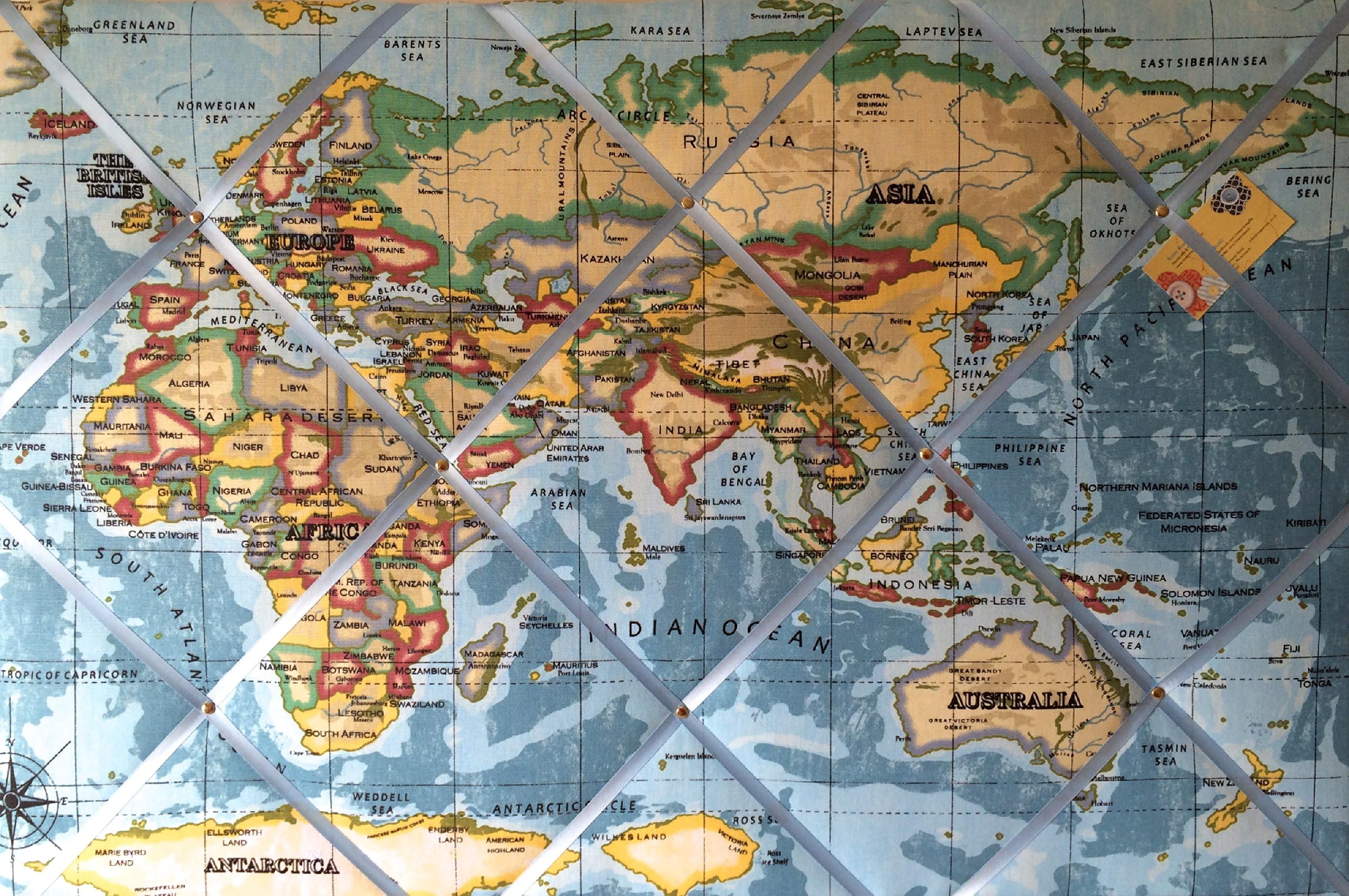 Rosey Rose Extra Large 90x60cm Prestigious Blue World Map/Atlas Hand Crafted Fabric Notice/Pin/Memo/Memory Board