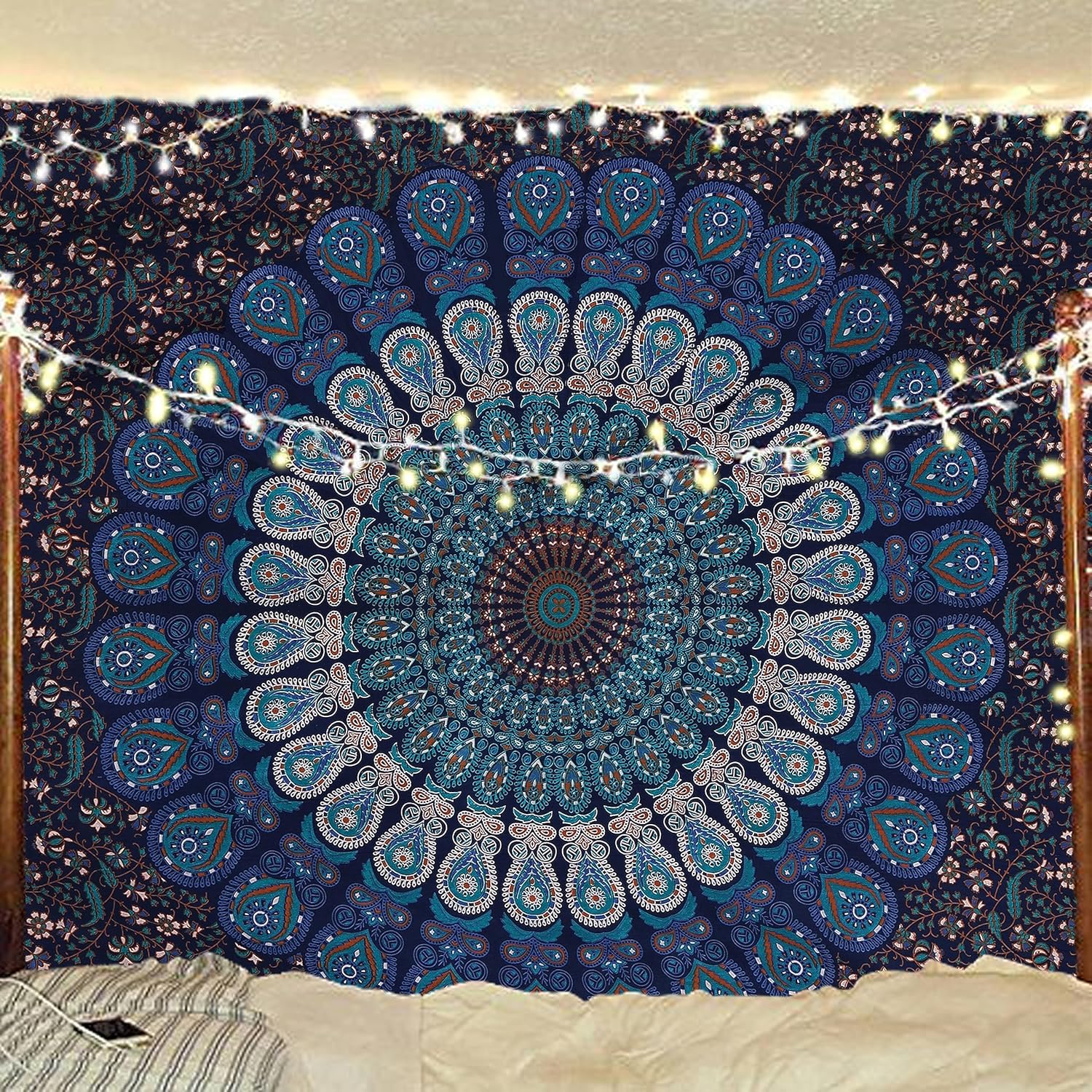 Tapestries - Indian hippie Bohemian Psychedelic Golden Blue Peacock Mandala Wall hanging Bedding Tapestry (Blue Green, Twin (54x72Inches)(140x185cms))