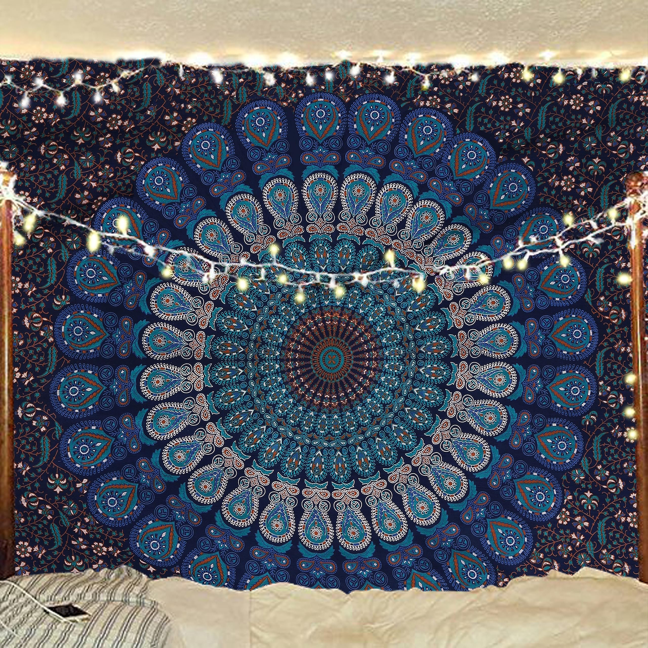 Bless International Indian hippie Bohemian Psychedelic Peacock Mandala Wall hanging Bedding Tapestry (Blue Green, Medium (54x60Inches)(137x152cms))
