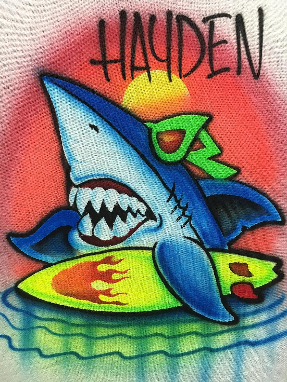Airbrush T Shirt, Great White Shark with Surfboard