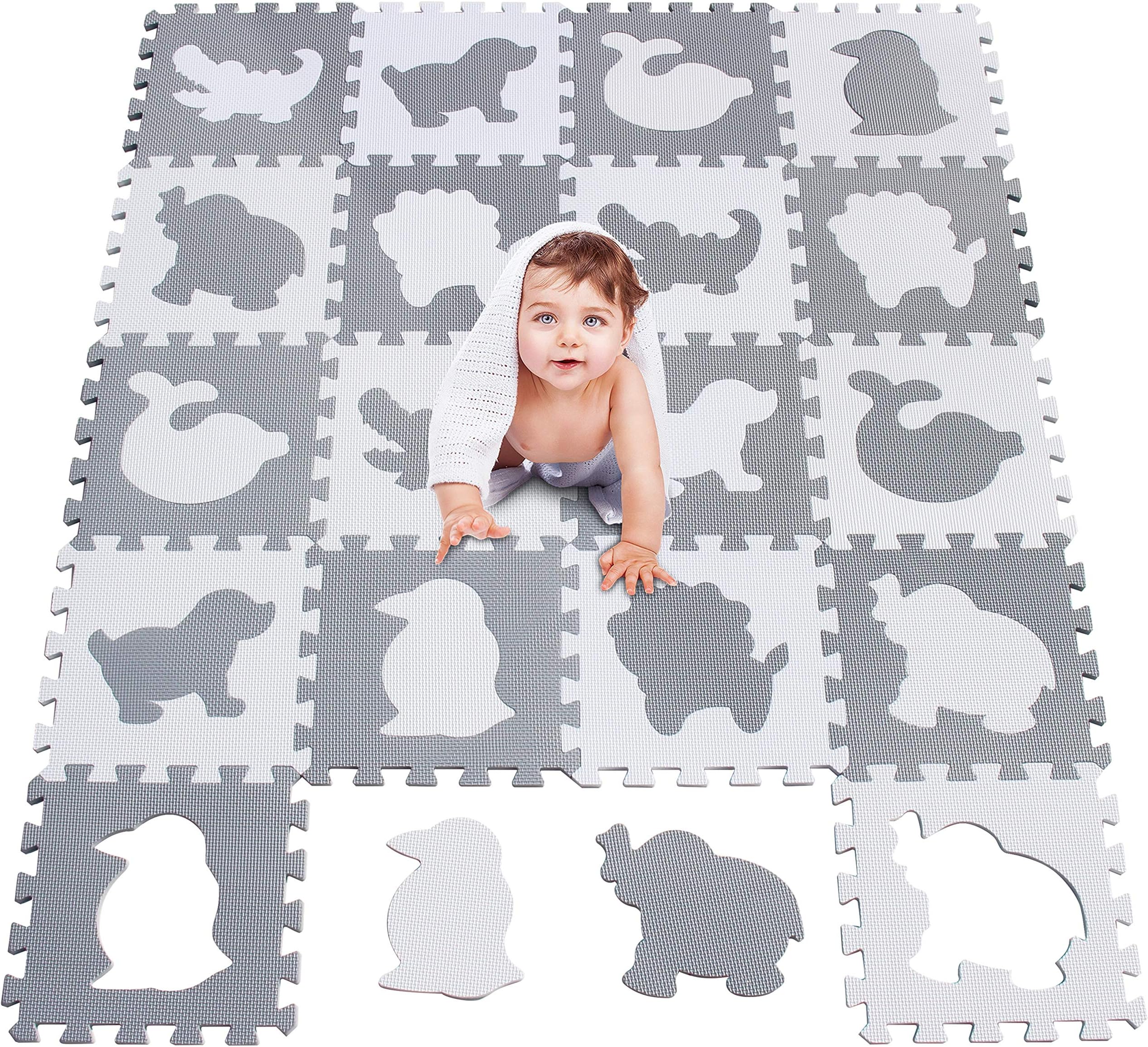 MU Shen Original Padded Play mat for Babies Made of Premium-Quality EVA Foam, Extra Soft Padding Flooring with Amusing Child-Friendly Designs in Grey & White Color 051