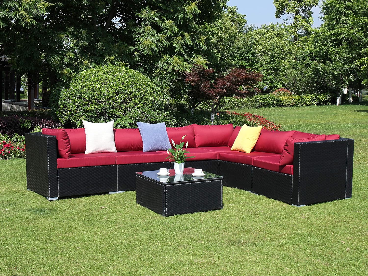 Amazon Com Magari Furniture Ch 92 R Garden Outdoor Furniture Sectional Set With Red Cushions Complete 7 Piece Pe Black Wicker Rattan Pool Patio Garden Outdoor