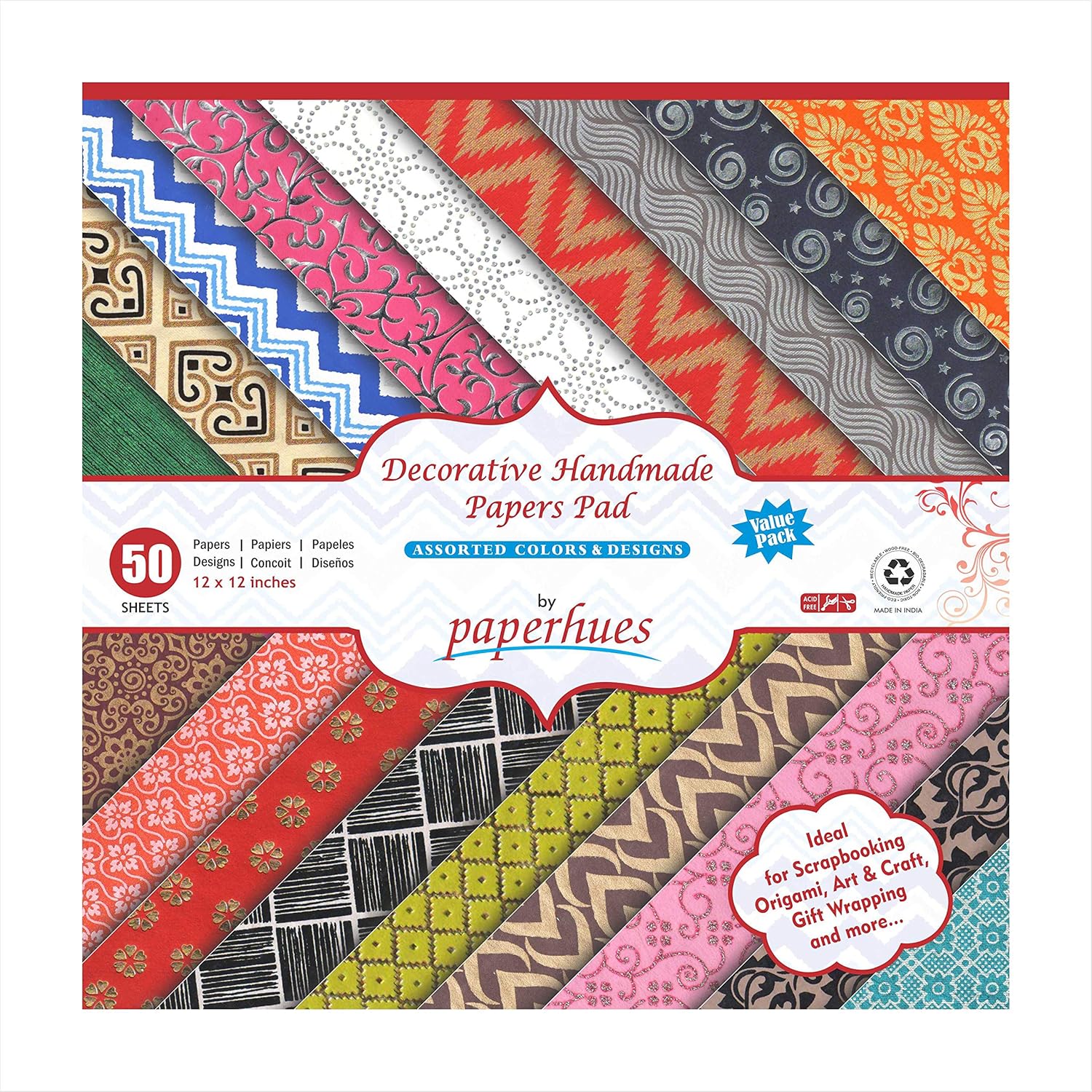 Paperhues Decorative Scrapbook Papers 30x30cm Pad, 50 Sheets, Assorted