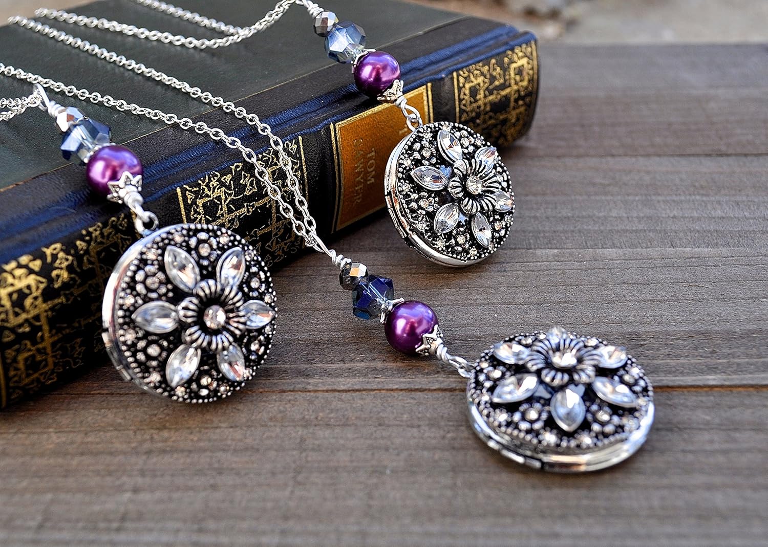 Silver Flower Locket Necklace Round Crystal Accents Large
