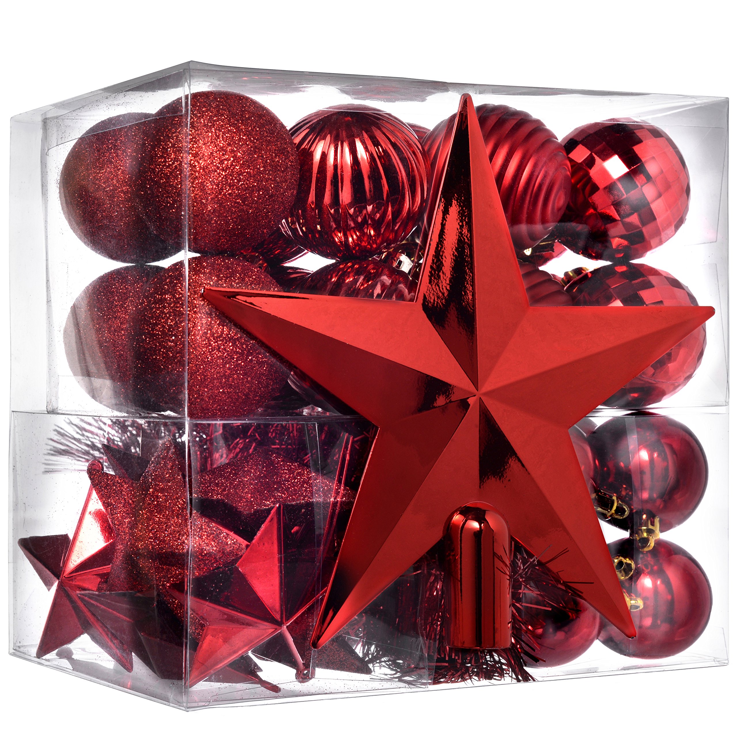 WeRChristmas 42-Piece Shatterproof Baubles Decoration Pack with Tree Topper & Garland - Red, Red