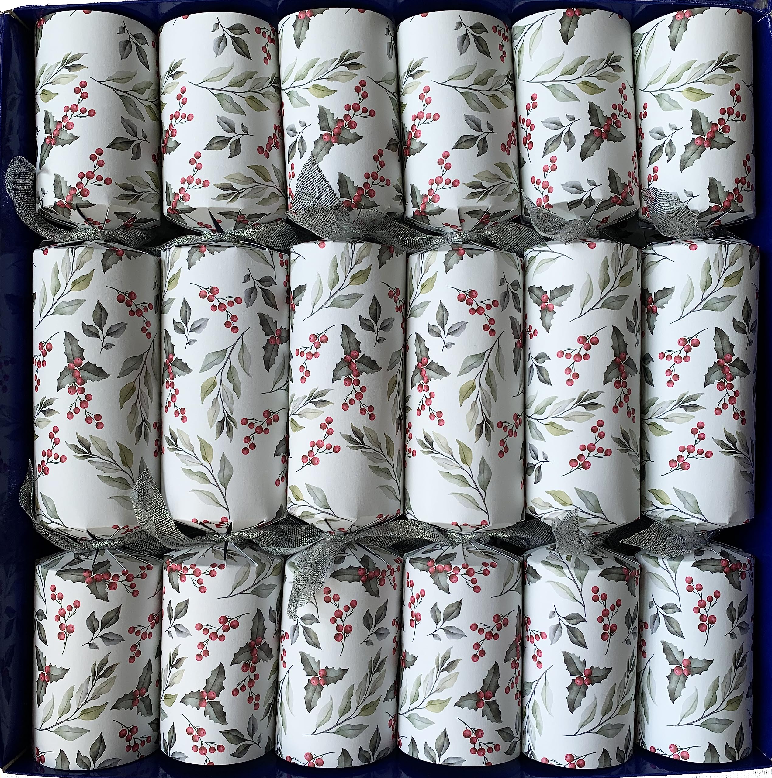 Fill Your Own Christmas Crackers with silver organza ribbons, Holly Design Matt design Set of 12