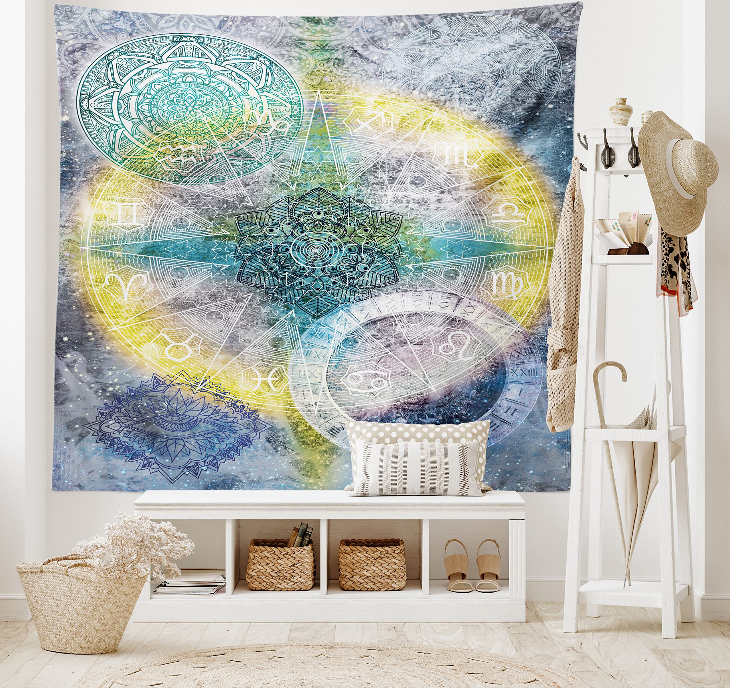 ABAKUHAUS Mandala Tapestry, Geometry Element Complex Oriental Motifs with Vivid Colors Star Pattern, Fabric Wall Hanging Decor for Bedroom Living Room Dorm, 90 W X 54 L, Grey Yellow