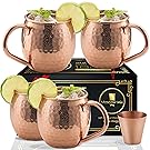Moscow Mule Copper Mugs Set of 4 - Solid Copper Handcrafted Copper Mugs for Moscow Mule Cocktail - 16 Ounce - Shot Glass Included