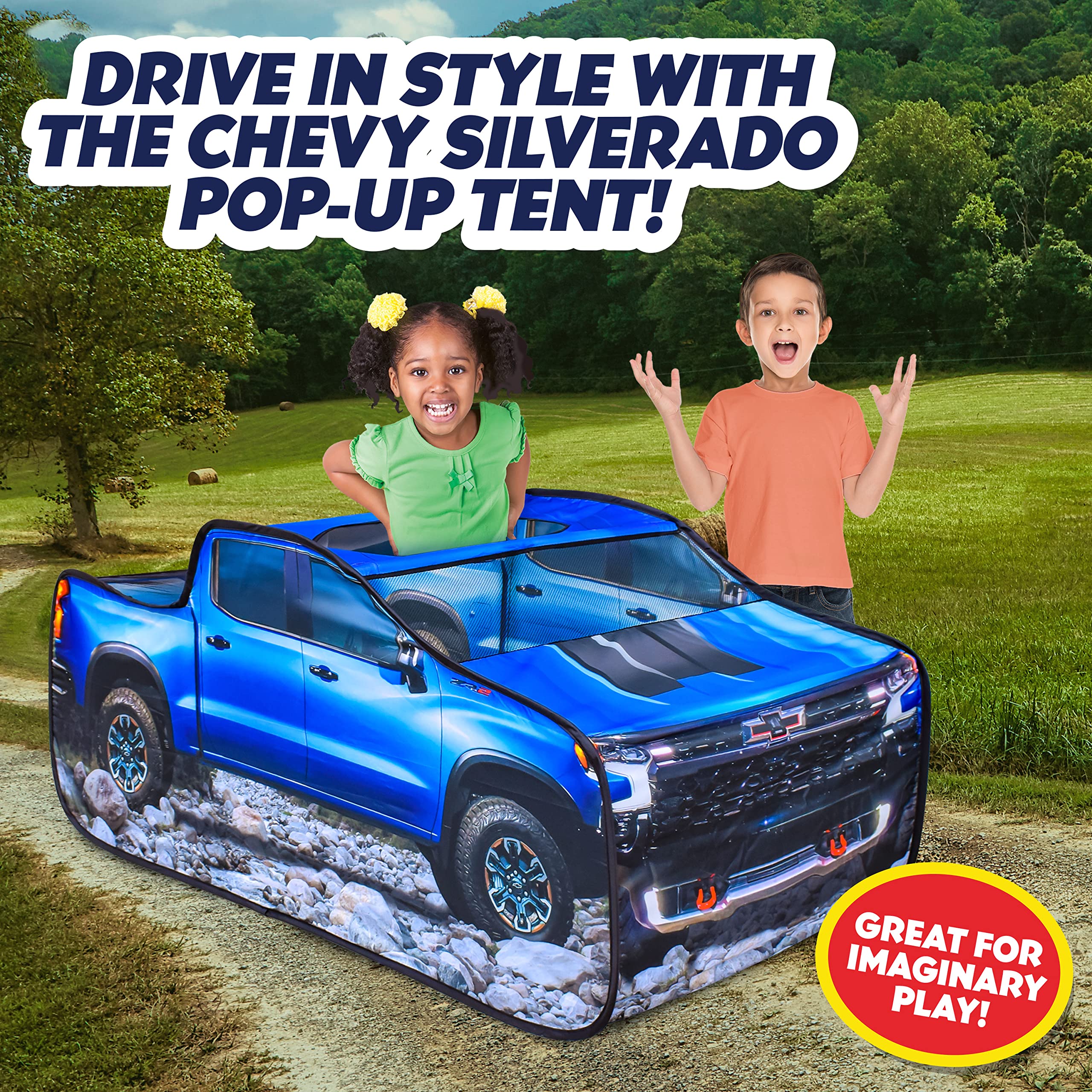 Chevy Silverado Pop Up Tent, Large Off-Road Pickup Truck Play Tent for Kids, Indoor and Outdoor Birthday Gift Boy, Blue