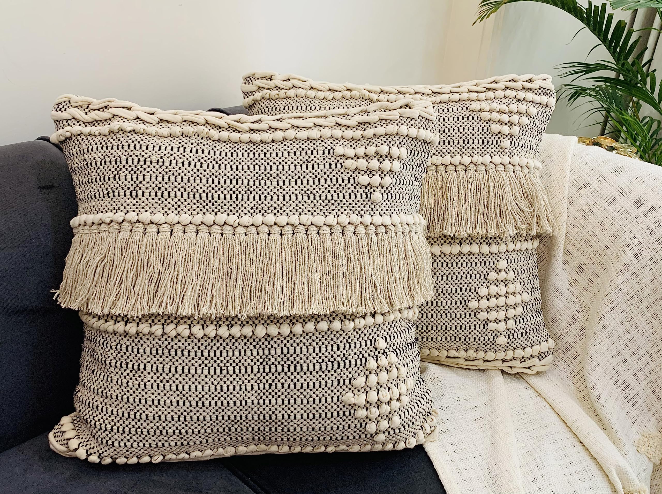 Nature4u Set of 2 Boho Throw Pillow Covers for Couch Sofa, 18 x 18 Inch Cotton Hand-Woven Tufted Decorative Pillows Covers Bedroom Living Room, Farmhouse Color: Natural Set of 2