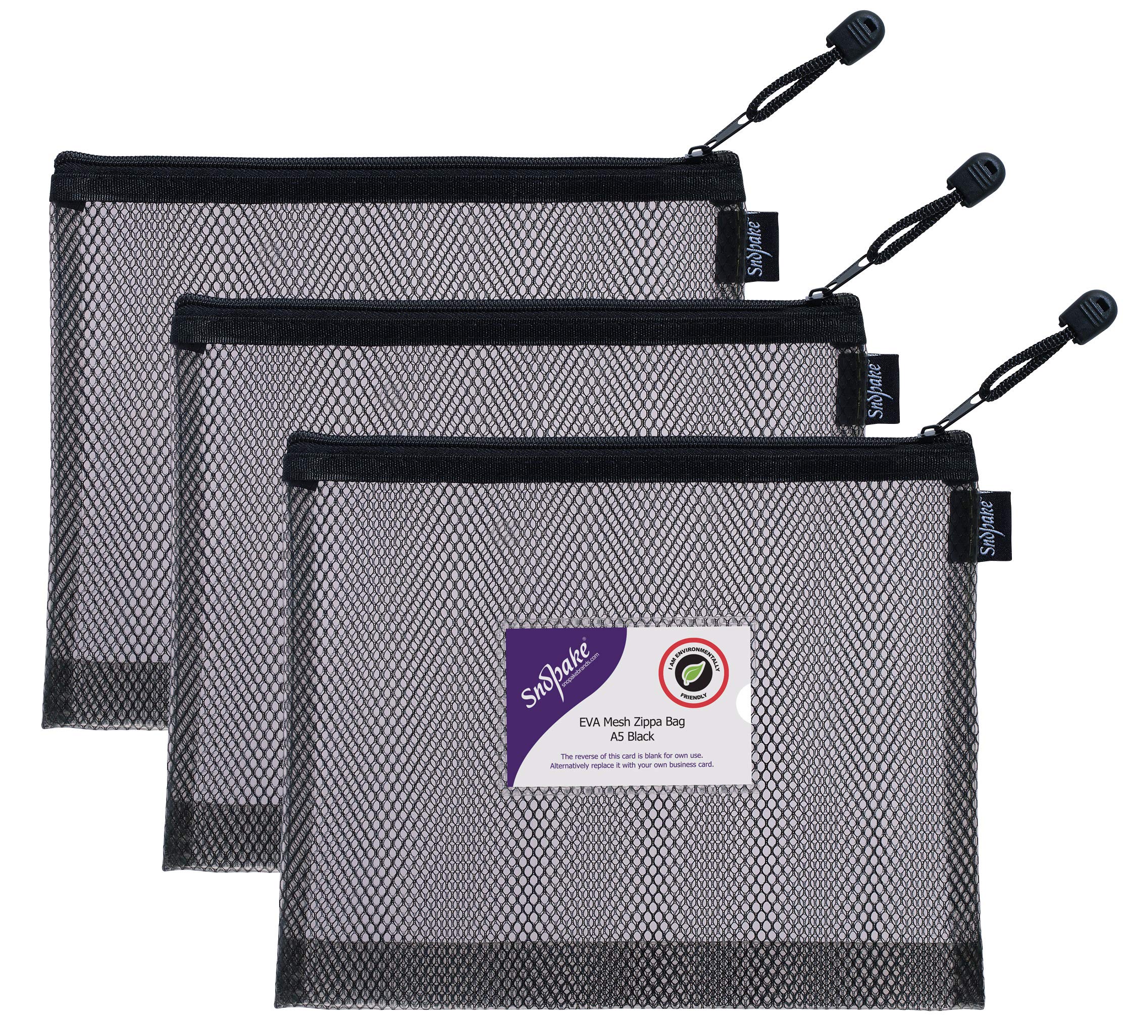 Snopake A5 High Capacity Black EVA Mesh Zippa-Bag [Pack of 3] 255 x 205mm – Heavy Duty Bag with Hanging Loop and Business Card Holder [15880]