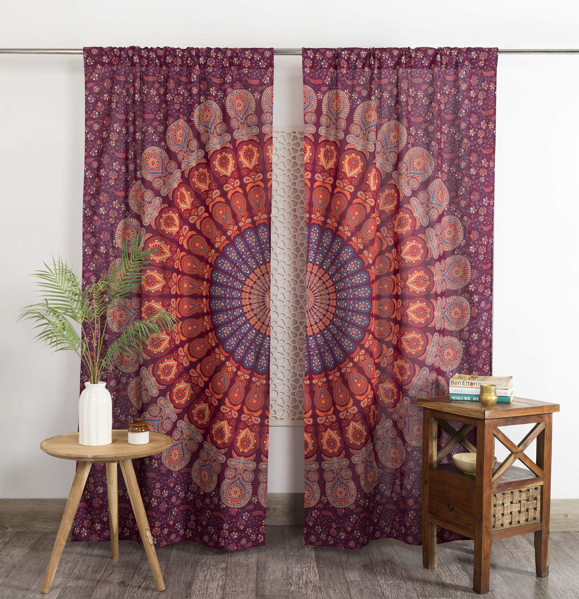 Popular Handicrafts Indian Hippie Bohemian Beautiful Peacock Mandala Window Curtain Panels Maroon — image 1