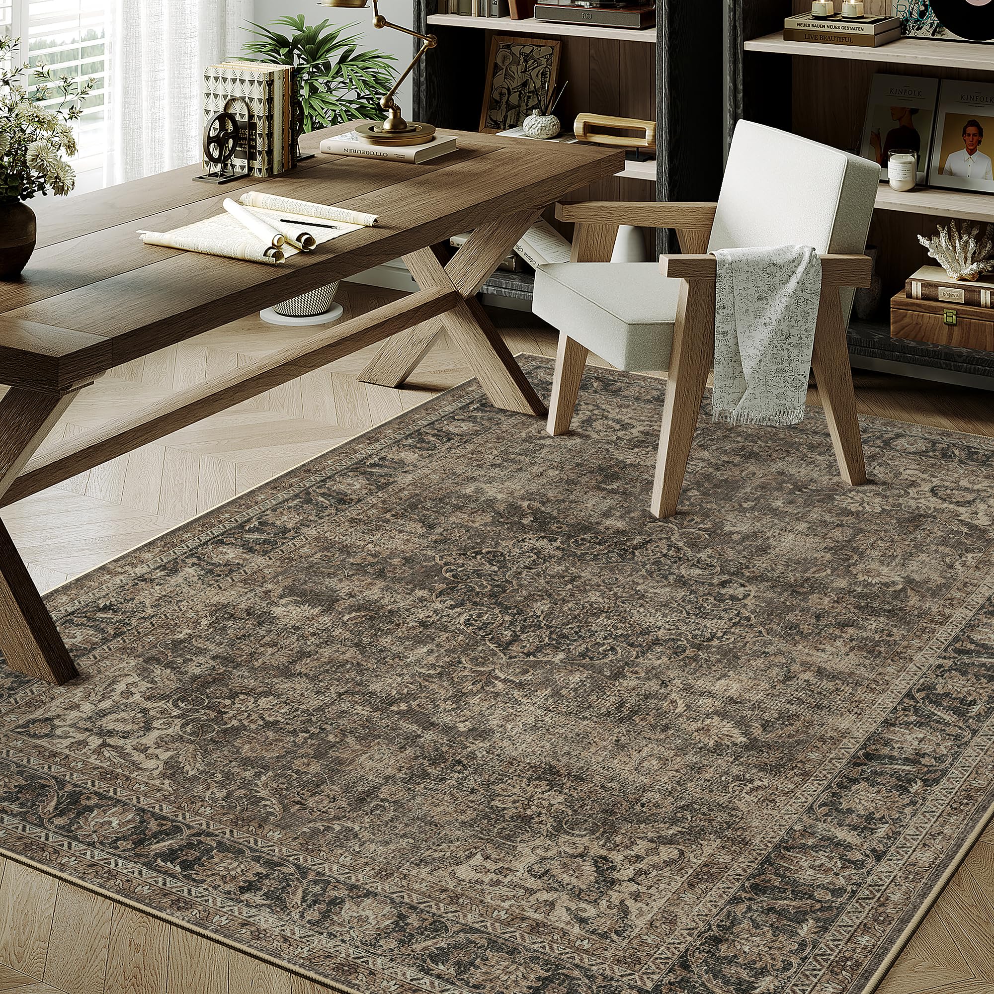 WondRg 4x6 Washable Brown Vintage Area Rug for