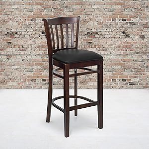 Flash Furniture 2 Pack HERCULES Series Vertical Slat Back Walnut Wood Restaurant Barstool - Black Vinyl Seat