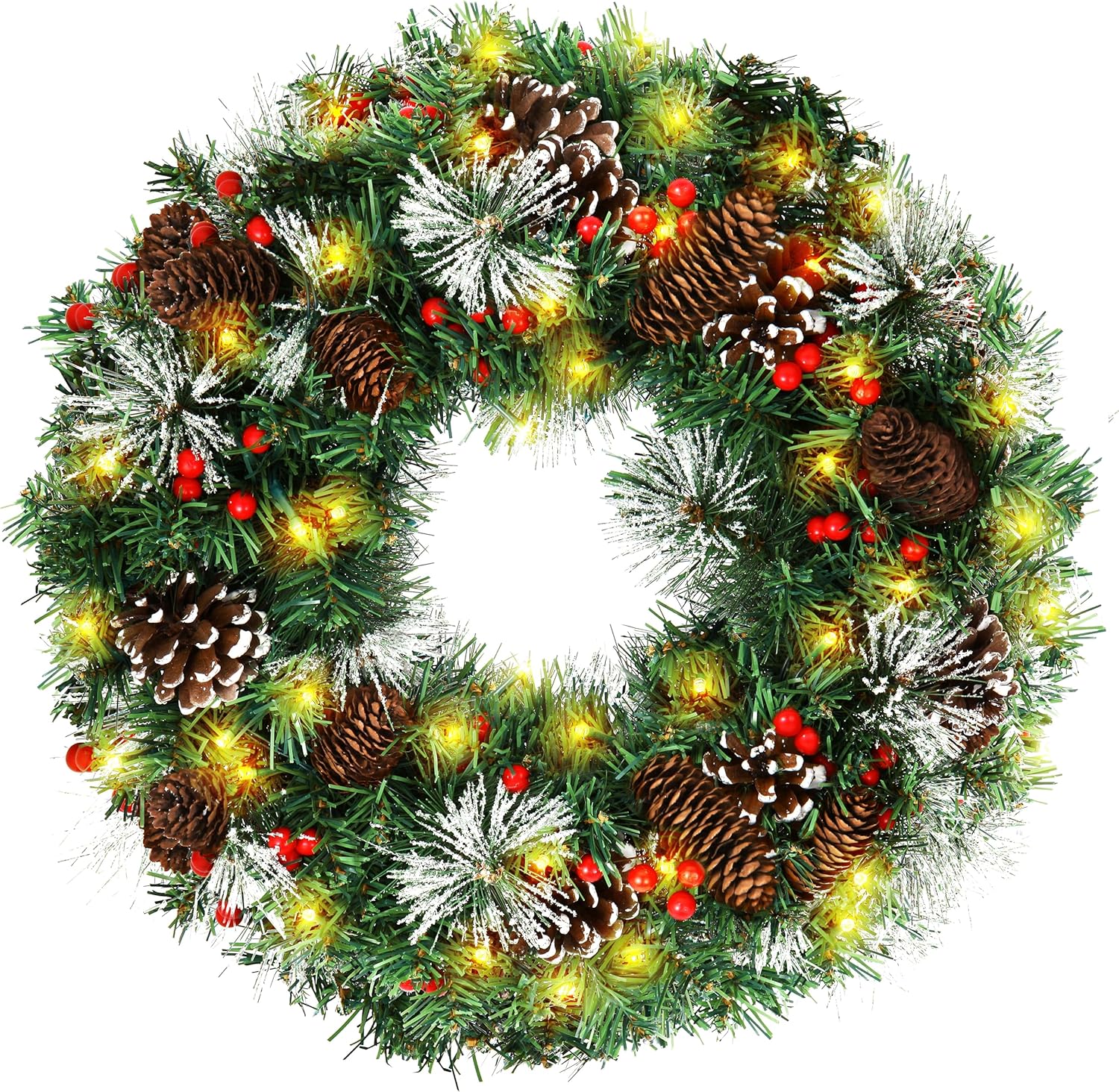 Wreaths, Garlands & Swags - Christmas Wreath,Pre-Lit Artificial Christmas Wreaths for Front Door Decorated with Pine Cones, Red Berries, Frosted Branches,50 LED Lights for Indoor Outdoor Christmas Decorations(18 in)