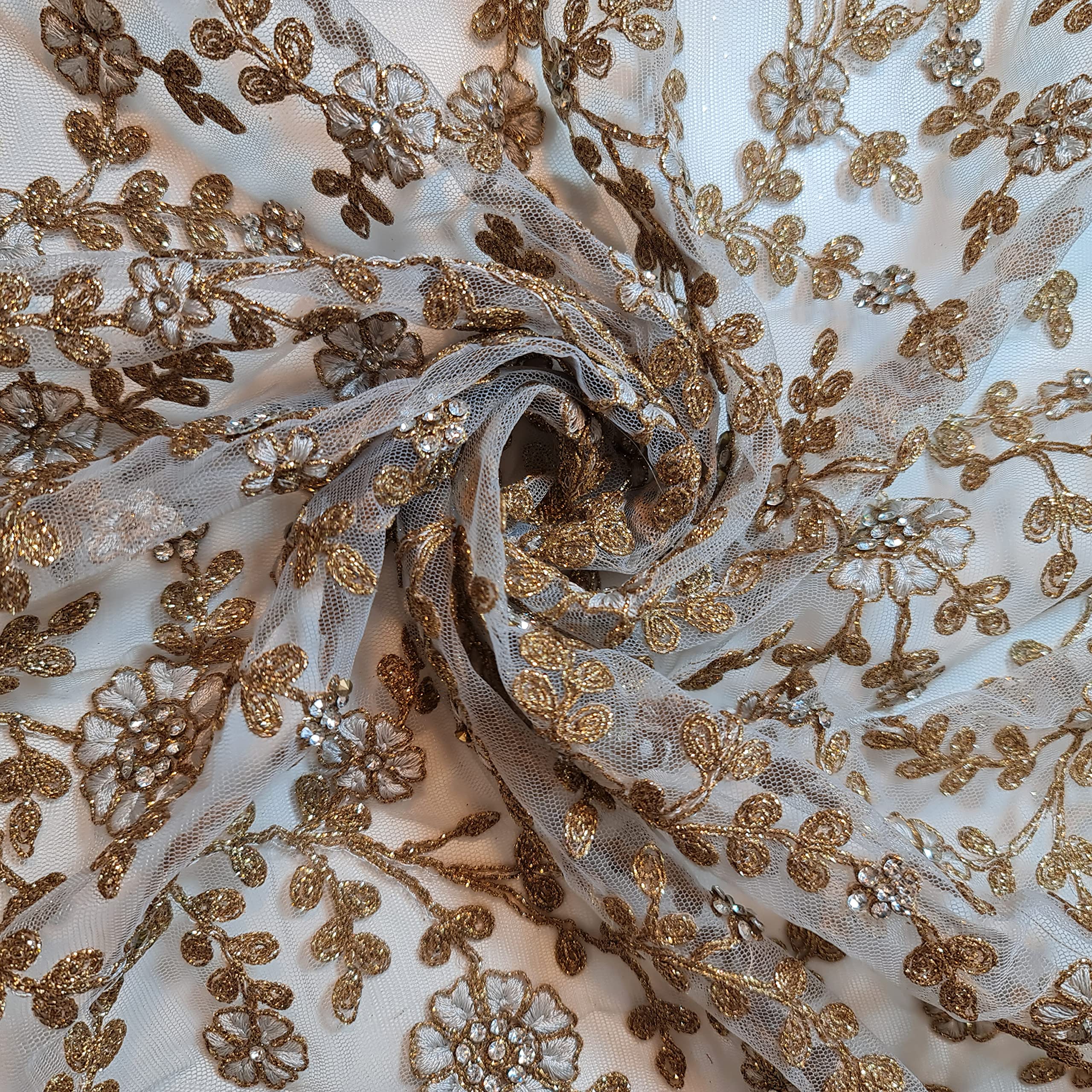 Novelty Floral Hand Embroidered Mesh Net Fabric 44" Pre Cut 1 Meter (Silver Grey)