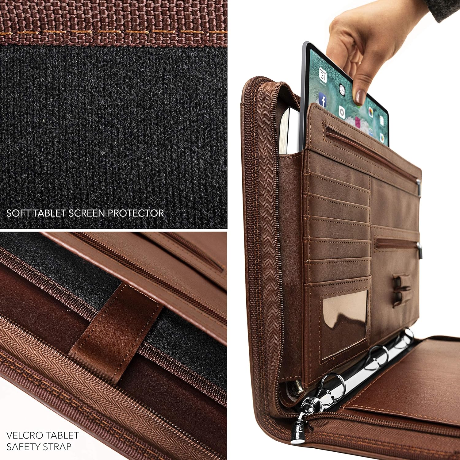 Wundermax Portfolio Padfolio 3 Three Ring Binder Document Organizer Vegan Leather Folder with Handle Legal Size Writing Pad Zipper 10.1 Inch Ipad Case Designer Business Planner for Men Women Brown : Office Products